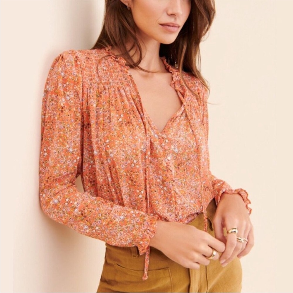 Free People Vibrant Orange Floral Blouse